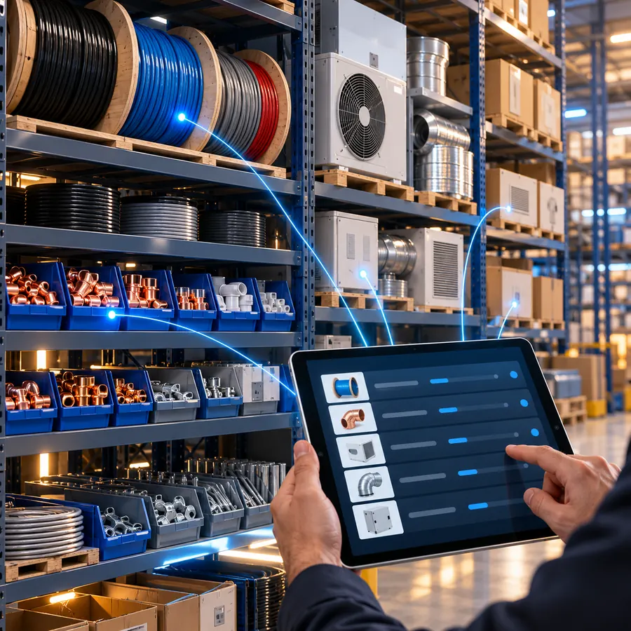 Tablet con el stock de cable, racores y equipos de climatización del almacén