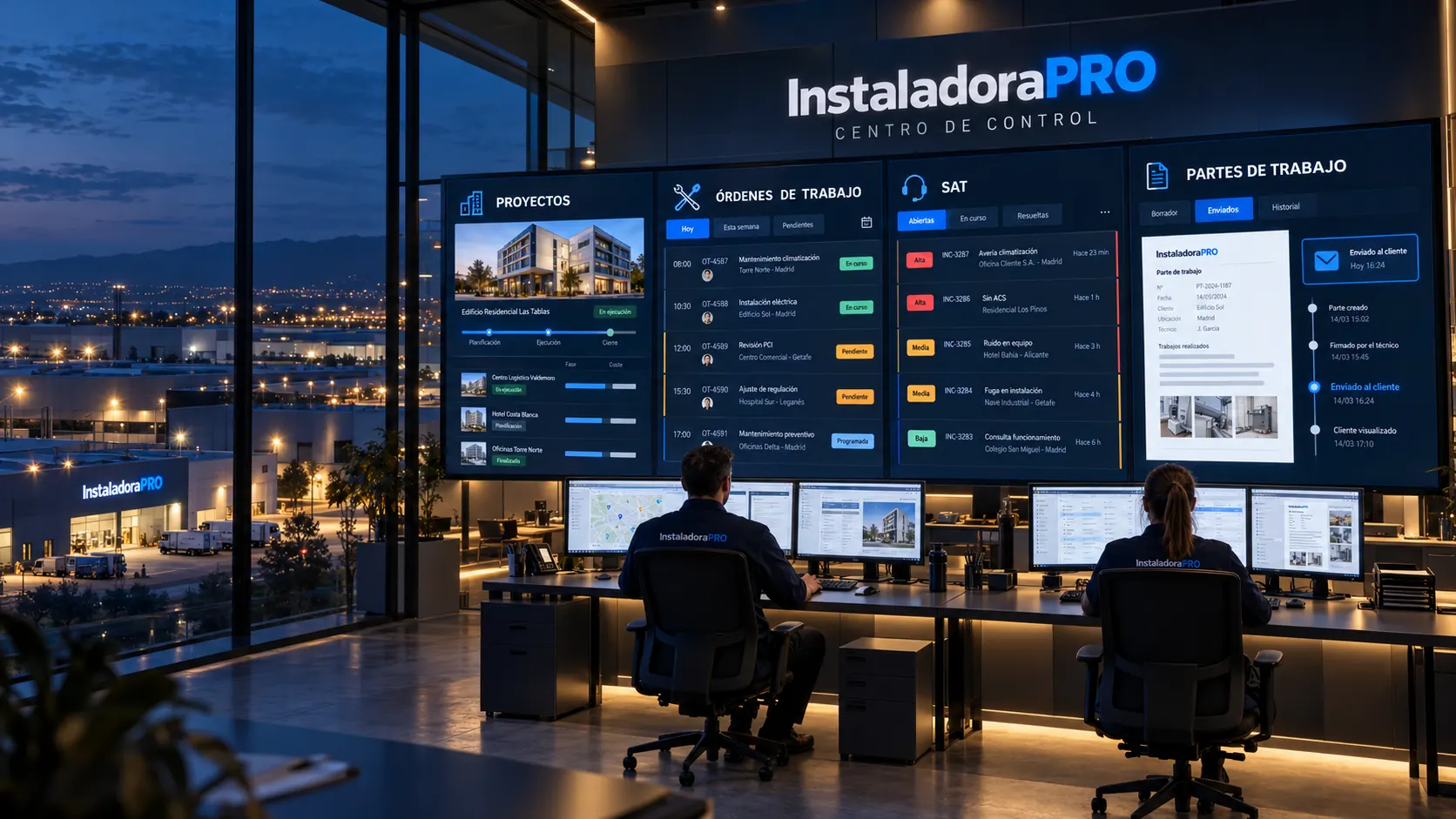 Oficina de una empresa instaladora con proyectos, órdenes de trabajo, SAT y partes en pantalla