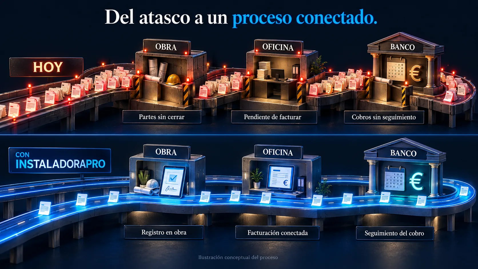 Del atasco a un proceso conectado. Hoy: partes sin cerrar en obra, pendientes de facturar en oficina y cobros sin seguimiento en el banco. Con InstaladoraPro: registro en obra, facturación conectada y seguimiento del cobro.