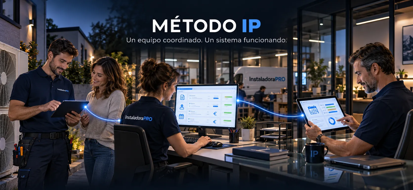 El técnico con el cliente en obra, la oficina y el gerente conectados en InstaladoraPro