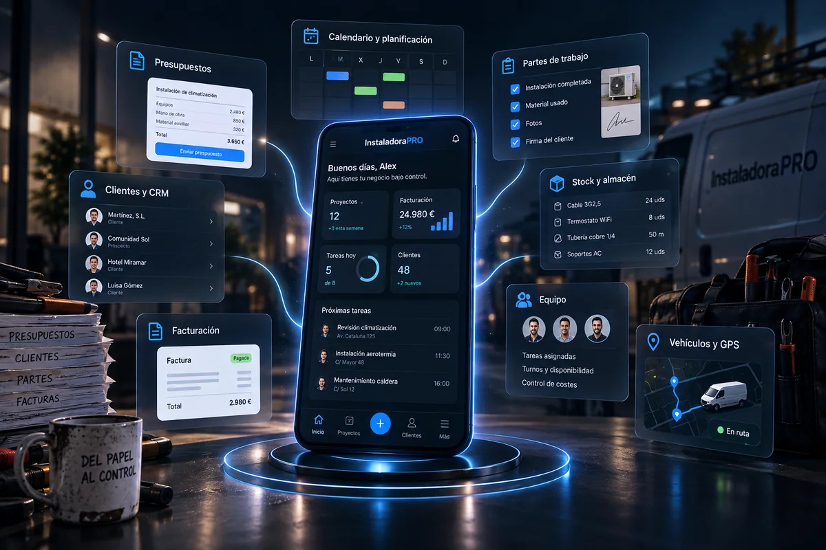 Los módulos de InstaladoraPro alrededor de un móvil: presupuestos, clientes y CRM, calendario, partes de trabajo, stock, equipo, vehículos y facturación, con los papeles y la furgoneta detrás