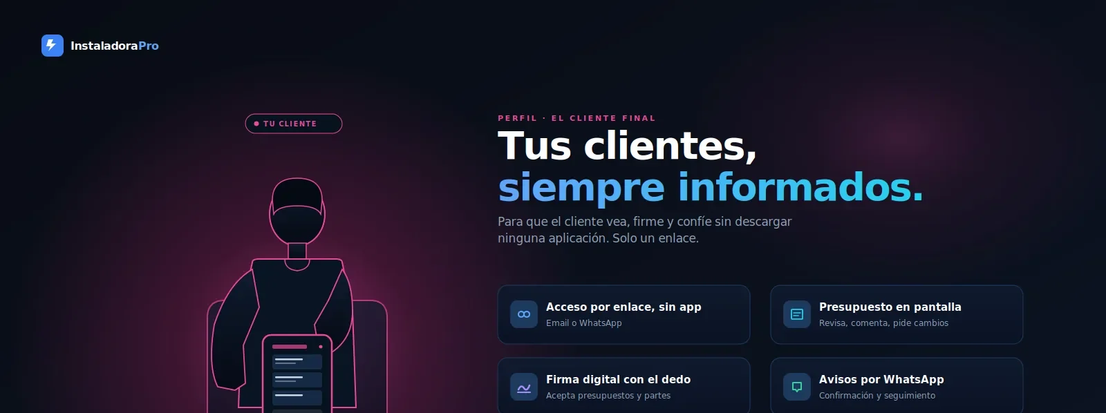 Vista del cliente en su portal: presupuestos, facturas, equipos instalados y solicitudes