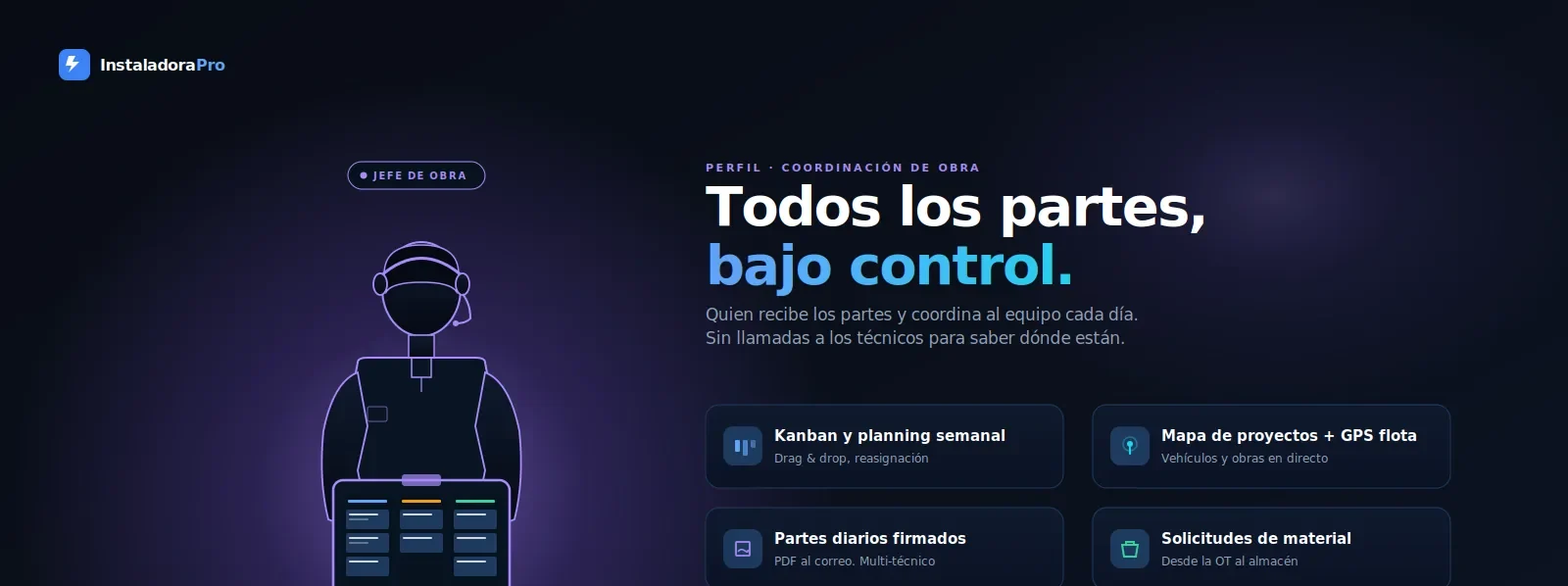 Vista de coordinación: kanban y planning semanal, mapa de proyectos con GPS de flota, partes diarios y solicitudes de material