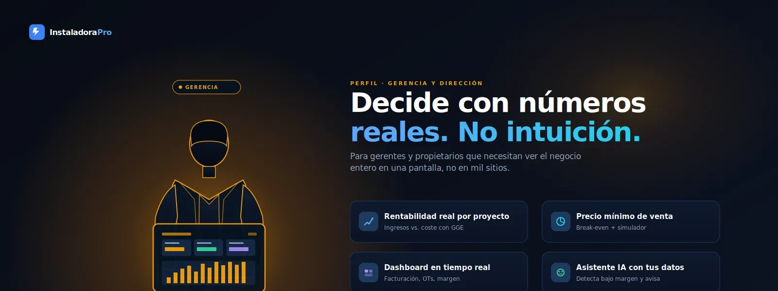 Vista de gerencia: rentabilidad real por proyecto, precio mínimo de venta, panel en tiempo real y asistente con tus datos