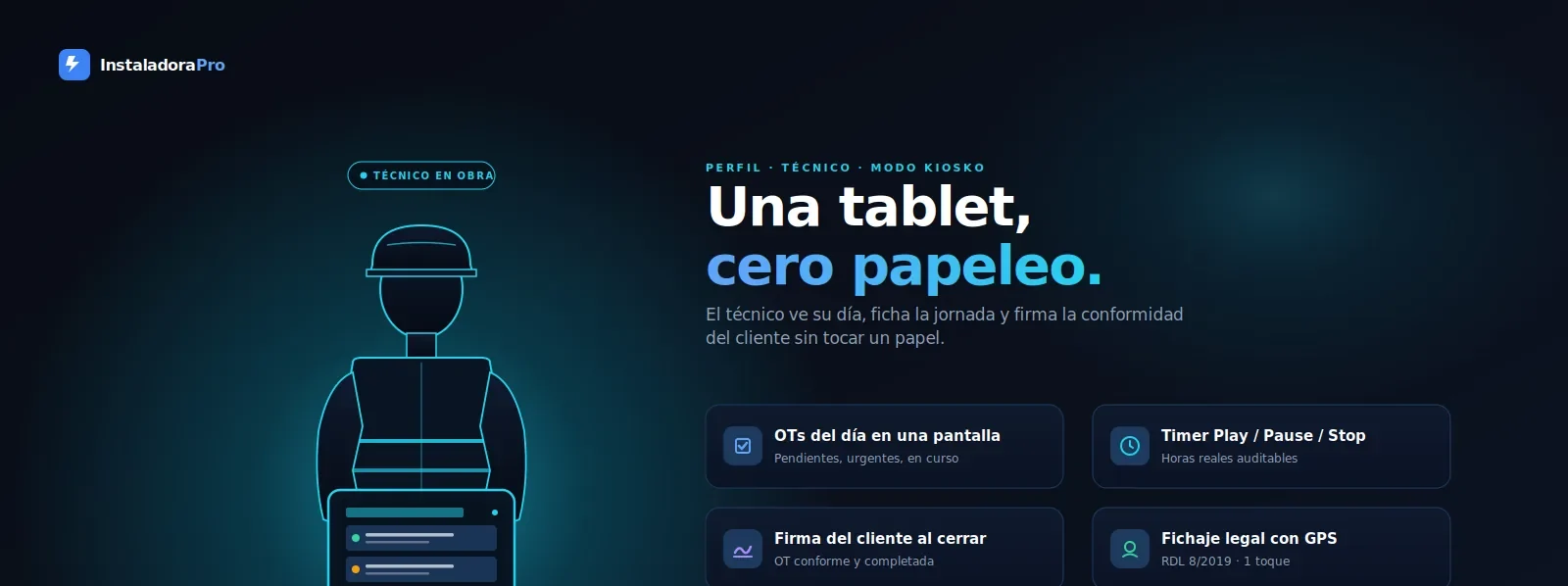 Vista del técnico en obra: las OTs del día, cronómetro de horas, firma del cliente al cerrar y fichaje legal con GPS