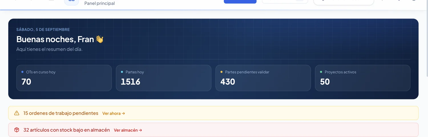 Centro de control con OTs activas, partes pendientes y partes en la bandeja